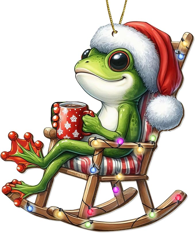 Santa Frog Christmas Tree Keepsake Ornaments, Funny Animal Themed 2 Side Printed Flat Wooden Ornament, Xmas Hanging Decor