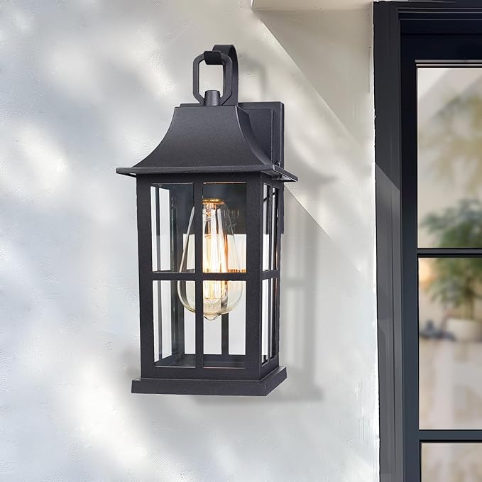 2 Pack Classic Outdoor Wall Sconce Matte Black Rectangular Frame and Clear Glass Shade Waterproof Porch Light Patio Light ETL Listed