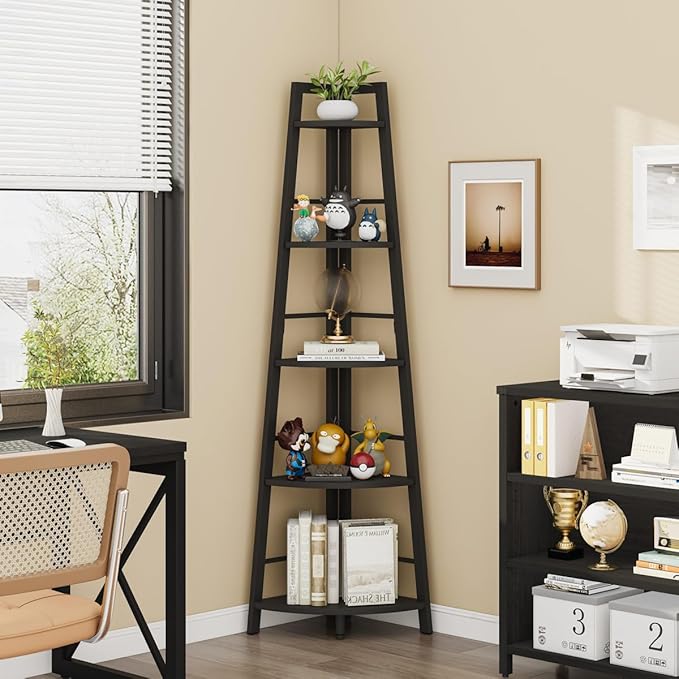 BON AUGURE Corner Ladder Shelf, 5-Tier Black Metal Wood Corner Bookshelf, Narrow Tall Bookcase Shelving Unit for Living Room, Home Office, Small Space (Black Oak)