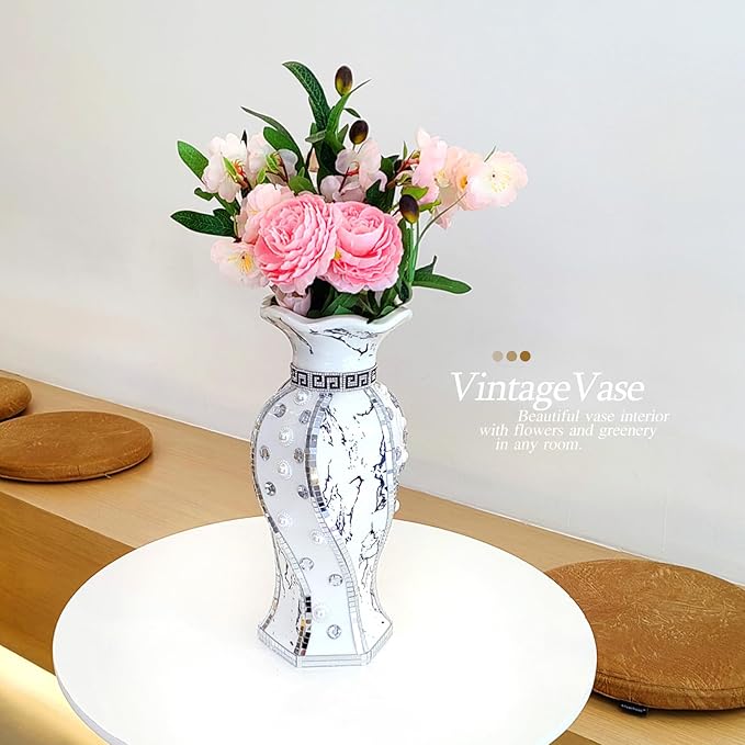 Modern Decorative Vase,Silver Flower Vase for Home Decor with Rhinestone,30 cm Luxury Ceramic Vase for Centerpiece,Living Room,Bedroom,Large Flower Vase