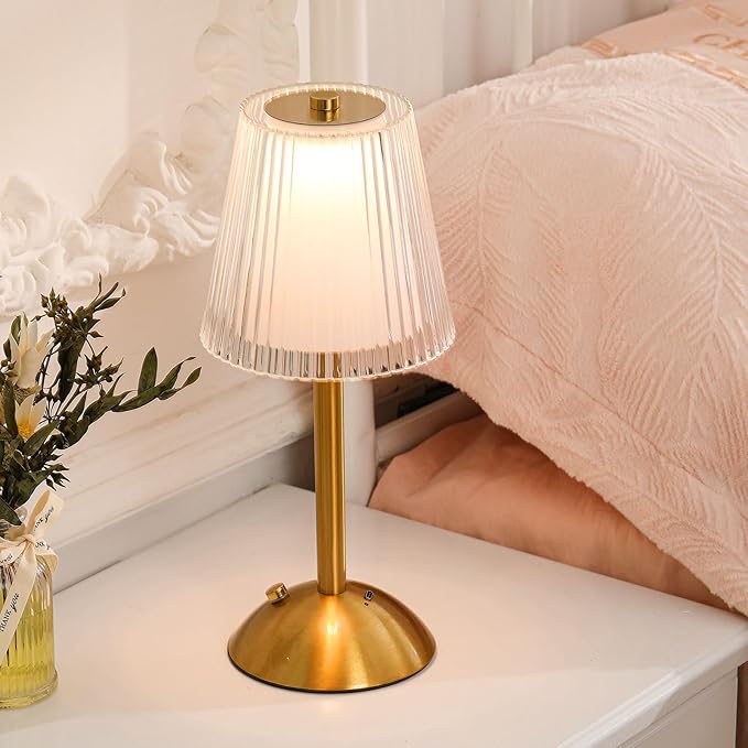 Liliful 2 Pcs LED Portable Cordless Table Lamp Touch Battery Operated Rechargeable Gold Desk Lamp 3 Color Dimmable for Bedroom Living Room Dining (Gold,Hollow Lined Style)