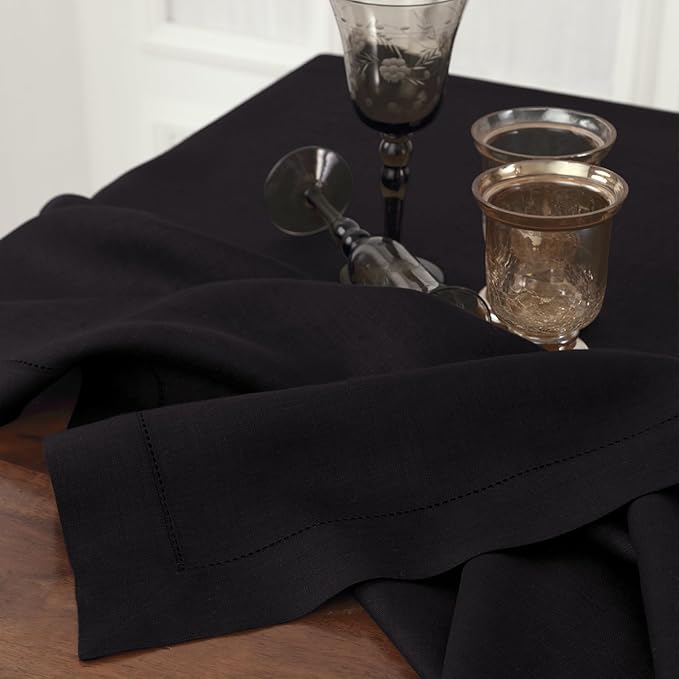 Solino Home Linen Black Table Runner 72 Inches Long - 100% Pure Linen Hemstitch Table Runner 14 x 72 Inch for Dresser, Dining, Spring, Easter - Classic Hemstitch