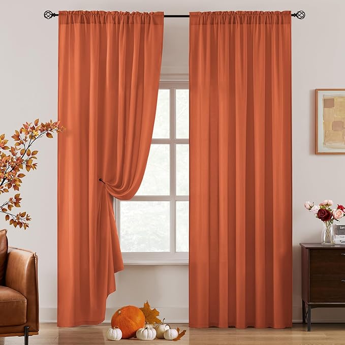 HOMEIDEAS Fall Burnt Orange Privacy Semi Sheer Curtains Non-See-Through 96 Inches Long 2 Panels Set Light Filtering Curtains for Living Room Bedroom Drapes,W52xL96