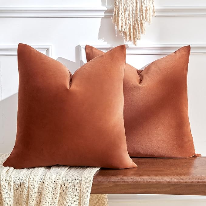 Throw Pillow Covers Rust Set of 2 20x20 Inch Pillow Covers, Soft Velvet Fall Decorative Cases for Couch Sofa Bed, Home Boho Decor, Modern Farmhouse Cushion Covers