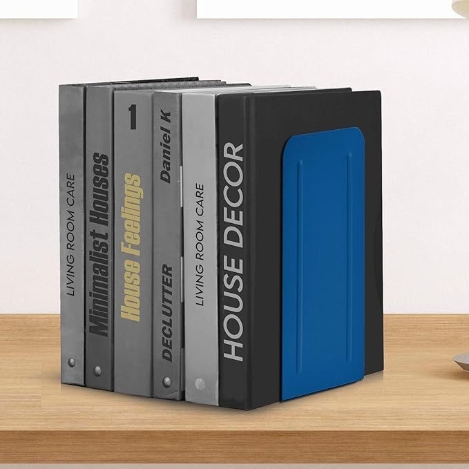 Acrimet Metal Bookends, Jumbo Size 9" H x 4" W x 4-1/2" D, Non-Skid Book Stand for Shelves, Heavy Duty Book Stopper, Deep Blue, 1 Pair