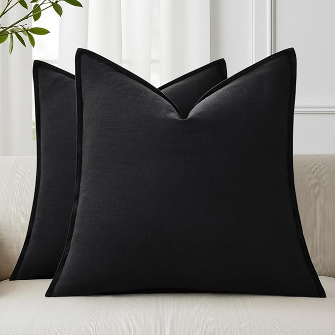 decorUhome Christmas Decorative Linen Throw Pillow Covers 24x24 Inch Set of 2 Black Soft Pillow Covers with Flange Edges Soft Farmhouse Boho Accent Pillow Cases for Couch Sofa Bed Living Room