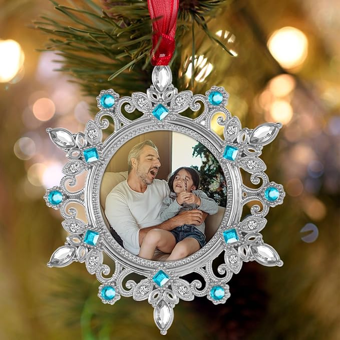 GUOER Christmas Tree Snowflake Picture Frame Ornaments Holiday Keepsake Gift Home Decor Christmas Decorations Xmas Gifts Pendant with 2" Photo Frame (Blue, 3 Pieces Set)