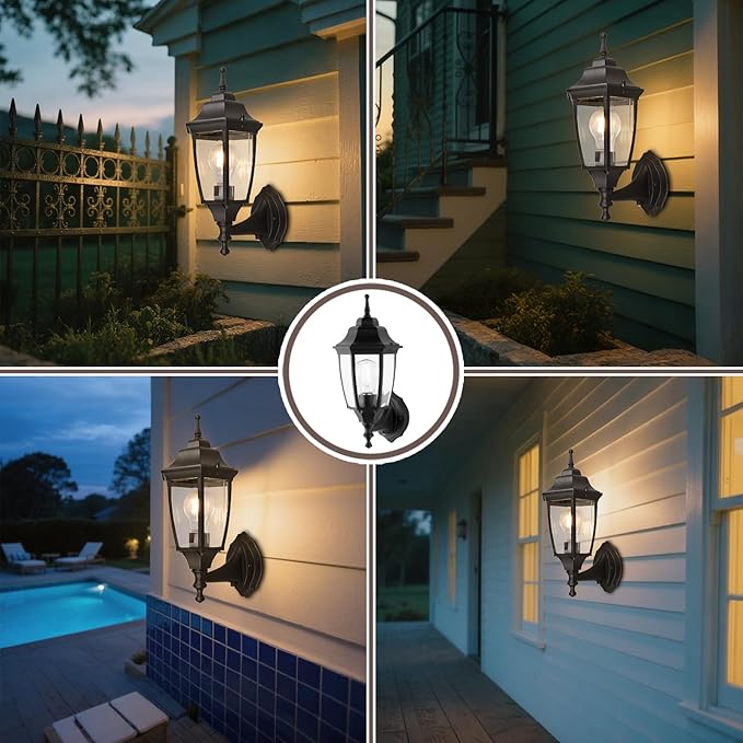 Photocell-Controlled Outdoor Wall Light – Die-Cast Aluminum & Glass Water-Resistant Exterior Fixture, Wet Location Rated, E26 Base (60W Max) for Porch, Garage, Garden（Black）