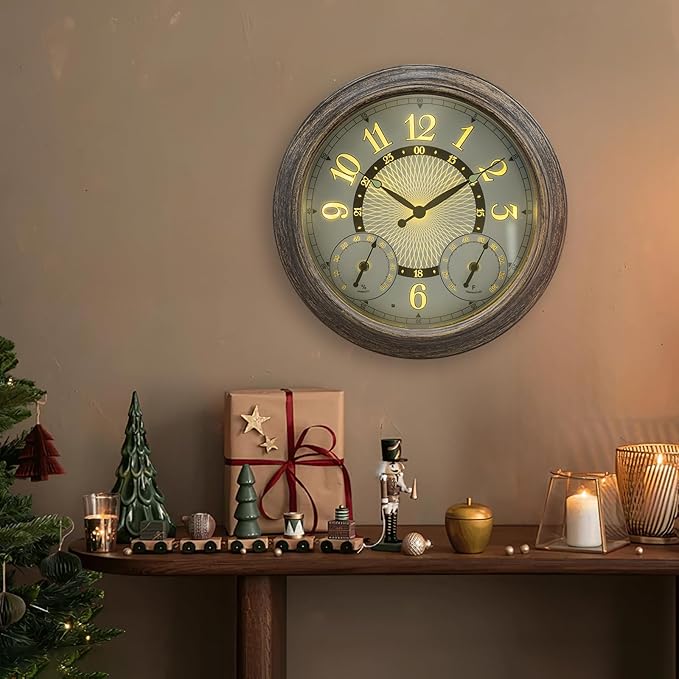 Illuminated Large Metal Outdoor Clocks Waterproof 18 Inches With AI Auto Light Smart Sensor,Extra Big Indoor Outdoor Wall Clocks With Thermometer & Hygrometer for Patio, Pool, Garden,Porch