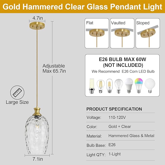 Glass Pendant Lights Kitchen Island, Large Size 7.1in Gold Pendant Light Fixtures with Hammered Clear Glass for Kitchen Over Sink Dining Room Bedroom, E26