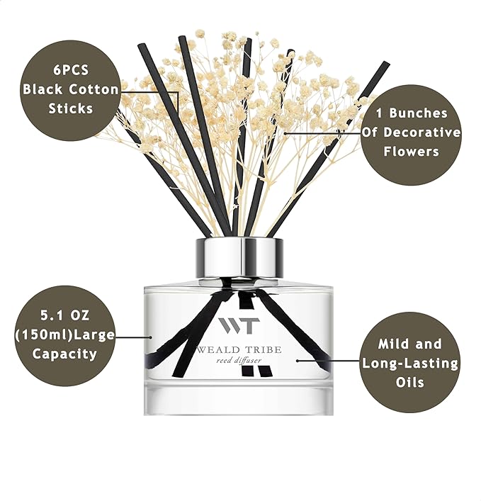 WEALD TRIBE Flower Reed Diffuser Set White Jasmine Scent for Bathroom Accessories Shelf Decor & Air Fresheners, Fresh Air Sticks Defusers with 5.1 fl oz Essential Oils, House Office Decor & Gifts