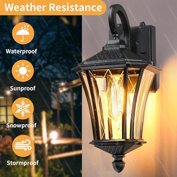 YSN 2 Pack Dusk to Dawn Outdoor Light Fixture Wall Mount Porch Lights Weather Resistant Exterior Sconce Light, Waterproof Wall Lantern for Porch, Garage, Backyard, Walkway, E26 Socket, Black