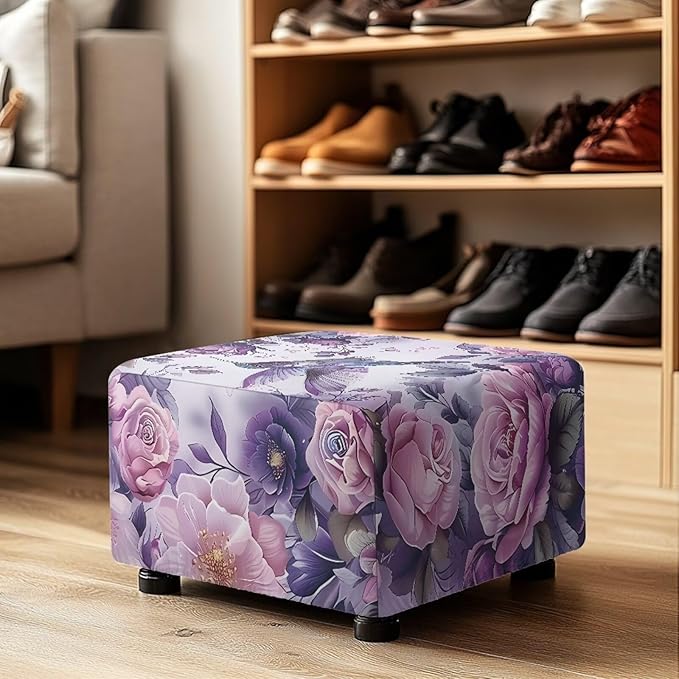 Rose Hummingbird Rectangle Chair Cover Washable Small Ottoman Slipcover 30x24x15 Inch Easy to Install Folding Storage Footstool Protector Ultra Stretch Dust Cover for Foot Stool