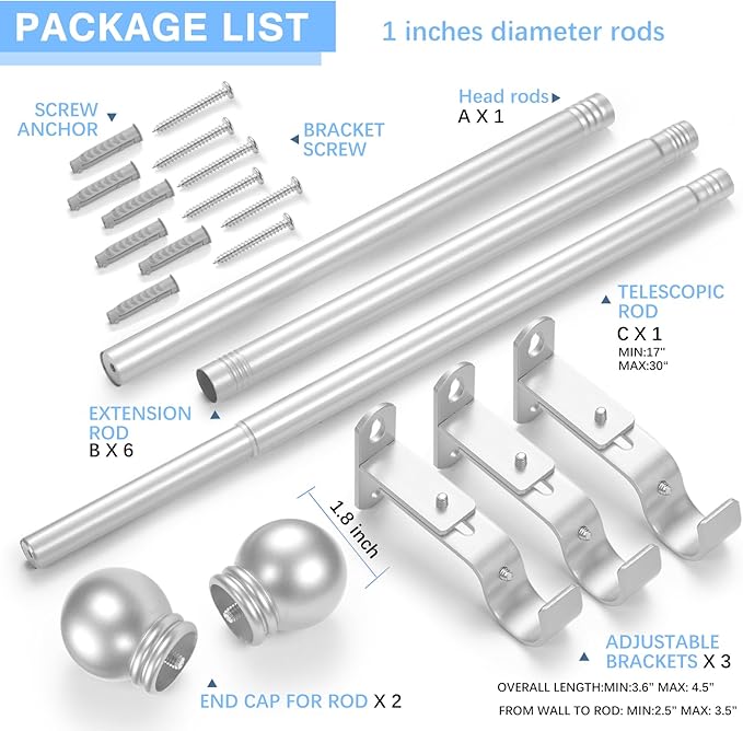 Curtain Rods for Windows 16 to 120 Inches, Curtain Rod Max Adjustable Length of 132 IN, 1" Diameter Drapery Rods Round Finials, Satin Silver, Pack of 1