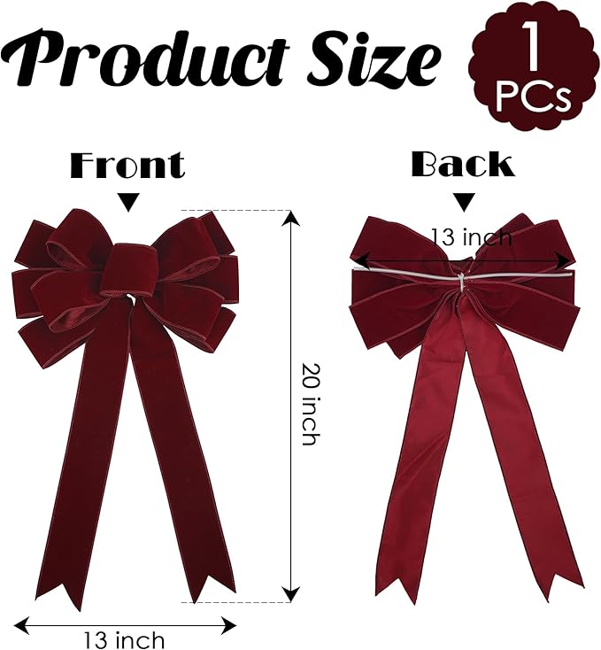 13" Dark Red Bow Pre-Tied Bow for Christmas Tree, Burgundy Velvet Ribbon Bows for Wreaths, Premade Tree Toppers Bows for Gift Wrapping, Party Favor, Christmas Home Indoor Outdoor Decor-1 PCs