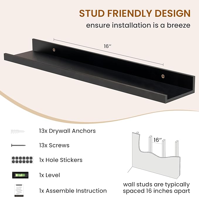 Axeman Picture Ledge Shelf, Floating Shelves for Decor Storage Set of 6, 24 inch Floating Wall Mounted Shelves, Wall Shelves with Lip for Living Room, Bedroom, Nursery, Bathroom, Kitchen, Black