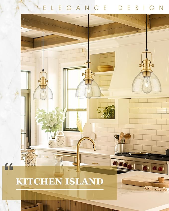 Pendant Lights Kitchen Island 2 Pack, 7.5" Farmhouse Pendant Lighting with Clear Seeded Glass Shade, Vintage Hanging Light Fixtures for Dining Room, Brushed Gold, AD-22151-1P2-GD