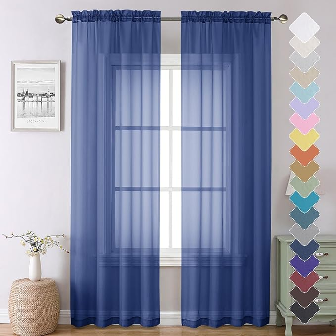 Lecloud Royal Blue Sheer Curtains 90 Inches Long 2 Panels, Living Room Curtains with Dual Rod Pocket, Voile Airy Sheer Drapes for Bedroom Window Treatments, Each Panel 42 X 90 Inch