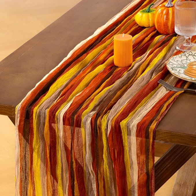 Socomi Fall Stripe Table Runner Cheesecloth Gauze Thanksgiving 120 Inch Rustic Boho Cheese Cloth Runner for Wedding Party Baby Bridal Shower Decoration Holiday Home Decorations