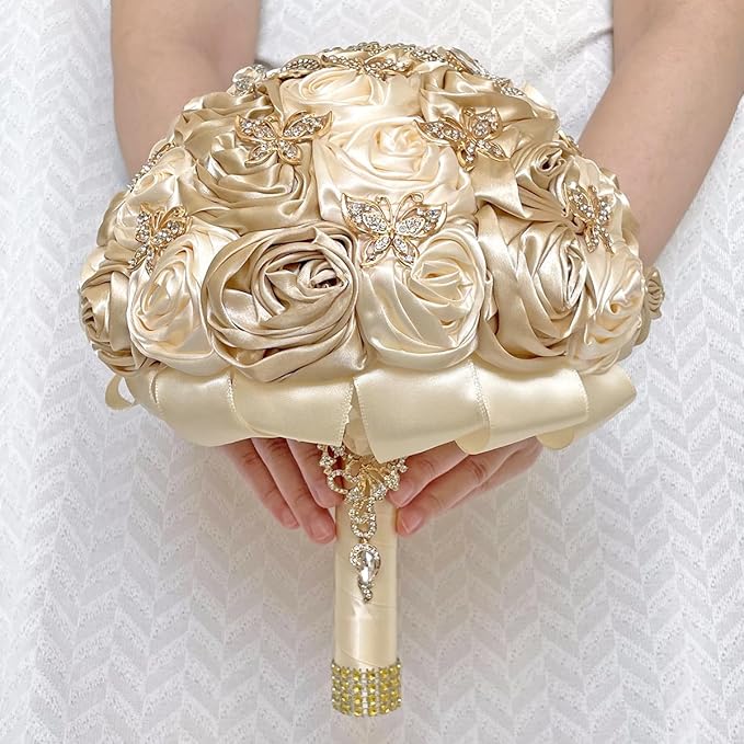 Handmade Floral Satin Rose Butterfly Shape Rhinestone Bridal Bouquet Luxury Golden Rhinestone Artificial Flowers for Wedding