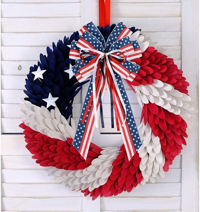 2 Pcs Patriotic Bows for Wreaths Decorations,Red White Blue Stripe String Stars Tree Topper Bow for 4th of July,Independence Day,Memorial Day,Veteran's Day,USA,American Front Door Indoor Outdoor Decor