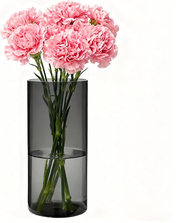 Flower Vase, Non-breakable Vases, 6" W x 10" H, Acrylic Grey Vase, Aesthetic Room Decor Cylindrical Modern Flower Vases for Table Centerpiece, Home Decor, Women Floral Arrangement Gift