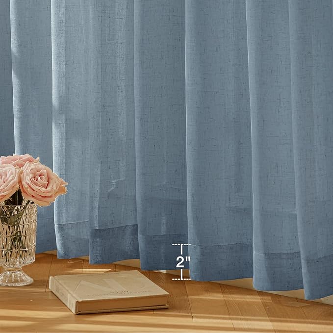Anmao Natural Linen Curtains for Living Room 96 Inch Length 2 Panels Set, Light Filtering Semi Sheer Window Curtain Drapes for Bedroom with Curtain Rings and Clips, 52 Inch Wide Each Panel, Haze Blue