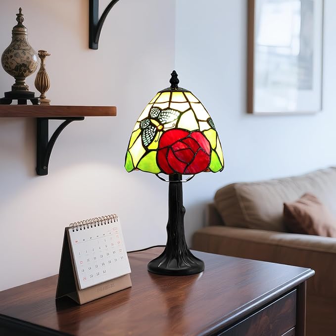 Tiffany Style Table Lamp - Antique Butterfly & Rose Stained Glass Design Desk Lamps Antique 6 Inch Small Tiffany Lamp Bedside Table Lamps for Bedroom Living Room Office Desk Light(Bulb Included)