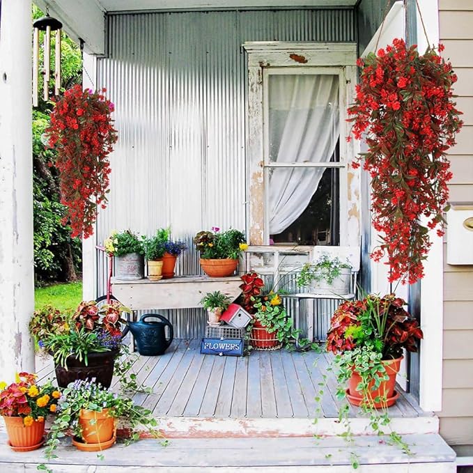 RECUTMS 2 Pack Artificial Greenery Plastic Flower Fake Hanging Plant Vines Plants UV Resistant for Outdoor Home Garden Wall Office Wedding Party Hanging Basket Decoration (Red)
