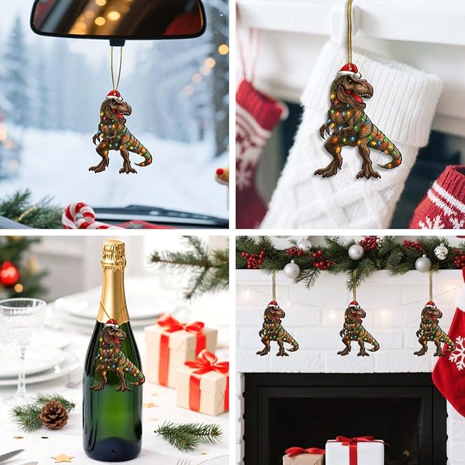 2 Side Printed Flat Christmas Wooden Ornaments, Animal Keepsake Hanging Tree Decoration, Santa Dinosaur Ornament