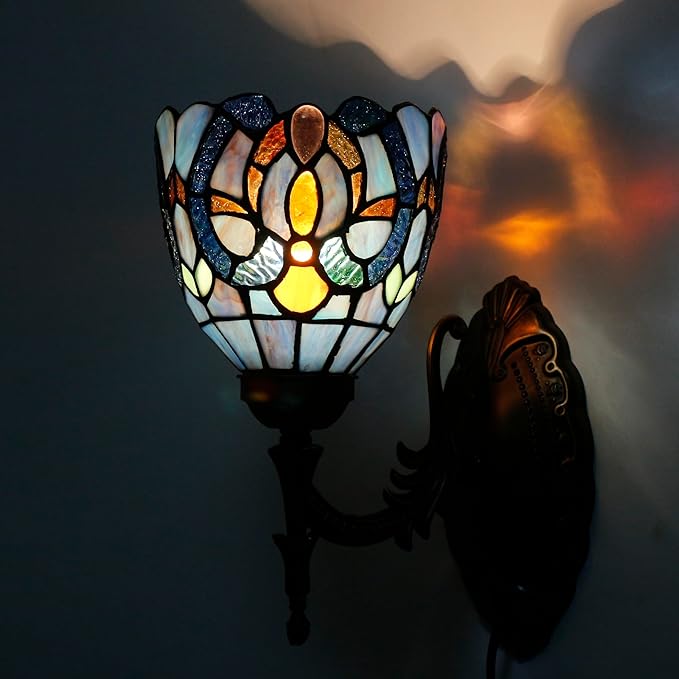 Tiffany Wall Sconce Lamp Plug in 6X8.5X11 Inch Stained Glass Wall Light Mount Fixture for Hallway Bedroom (Blue Purple)