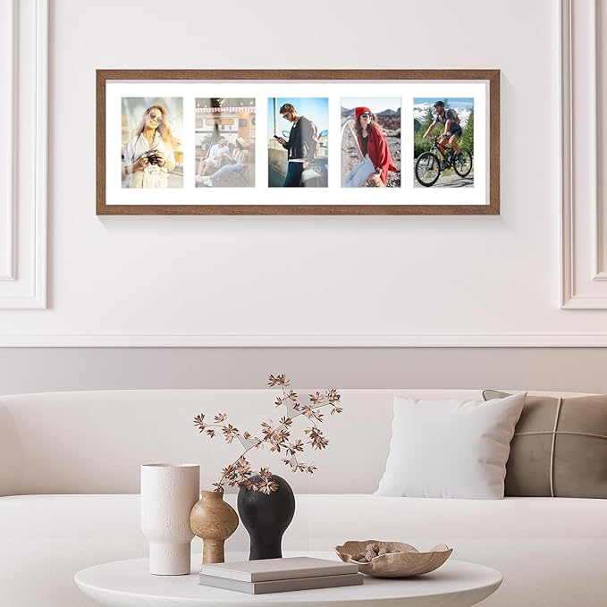 8x24 Oak Wood Picture Frame - 8x24 Photo Frame with Mat Display 5Pcs 4x6 Photos, 4x6 Picture Frame Wood, Natural Solid Wooden Picture Frames for Wall Art Photo and Prints(3 Pack, Walnut)
