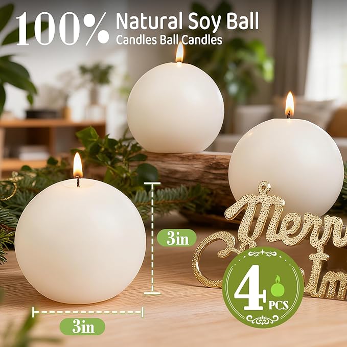 3 Inch White Round Ball Candles,Elegant Round Pillar Candles,Hand-Poured Natural Soy Candle,26 H Long Burning Time-Dripless Smokeless Candles Dinner Table,for Wedding,Christmas Home Decor 4 Pack