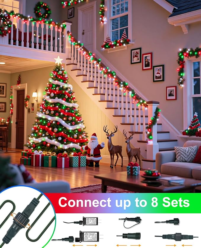 40FT 120 LED Christmas Lights Outdoor, Red and Green Christmas String Lights for Indoor Waterproof, 8 Modes & Timer, Connectable Christmas Tree Lights for Home Garden Party Decorations