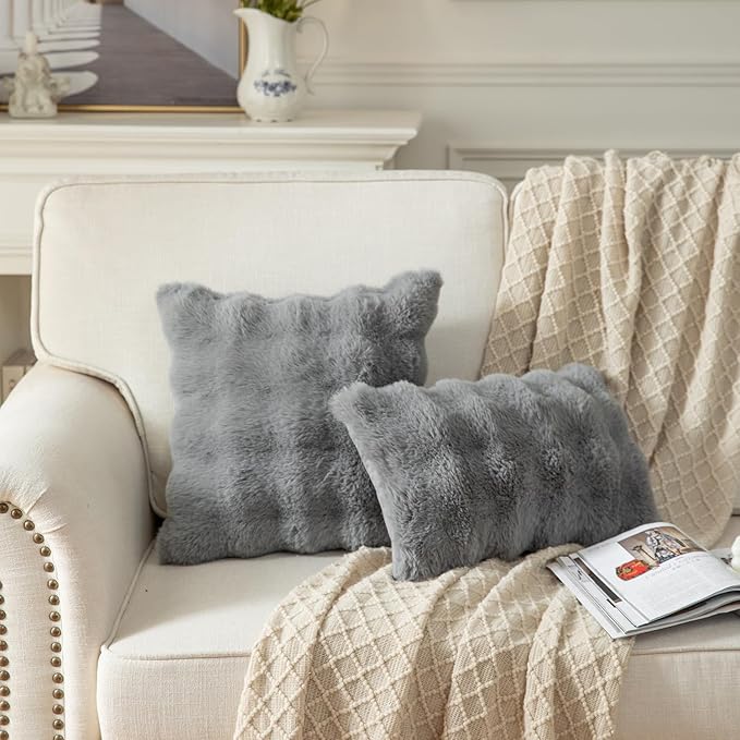 Yaertun Pack of 2 Grey Thick Soft Wool Decorative Throw Pillow Covers 12x20 Inch Faux Fur Plush Fluffy Cushion Covers for Sofa Couch Bedroom