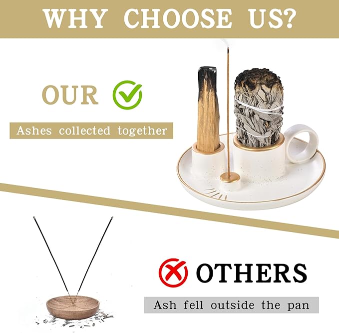 4-in-1 Palo Santo Holder for Burning Sage and Sticks, 5.9-Inch Ceramic Incense Burner and Ash Catcher Tray with Handle for Meditation Home Zen Decor