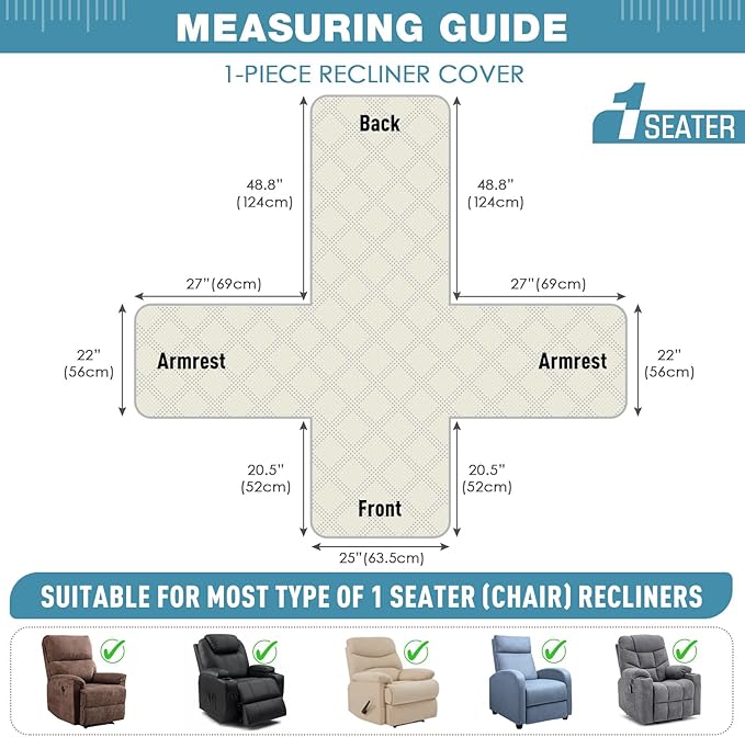 TAOCOCO 100% Waterproof Recliner Chair Covers, Non Slip Recliner Covers for Recliner Chair with Pocket, Washable Reclining Chair Cover Furniture Protector for Kids,Dogs(25'', Sky Blue)