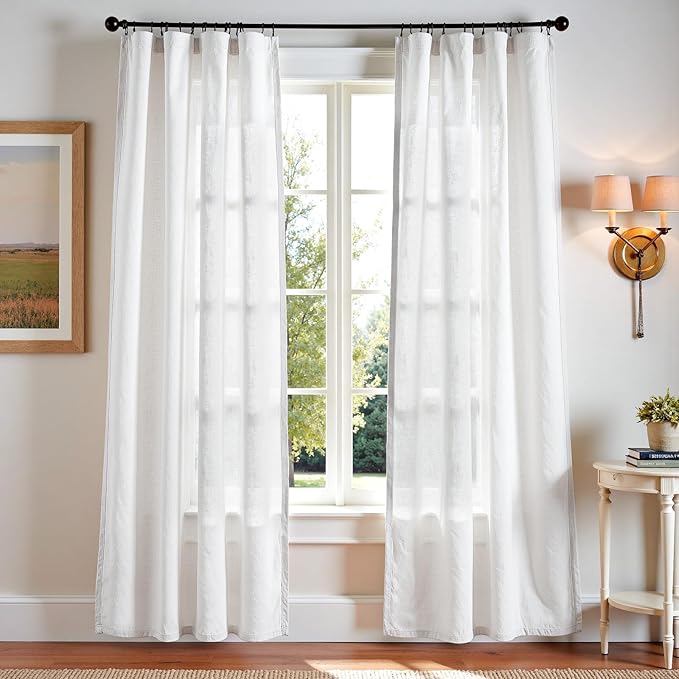 jinchan Linen Blend Curtains 90 inch Length 2 Panels for Bedroom Living Room, Light Filtering 50 inch Wide Farmhouse Drapes with Rod Pocket Back Tab(50W x 90L, Off White)