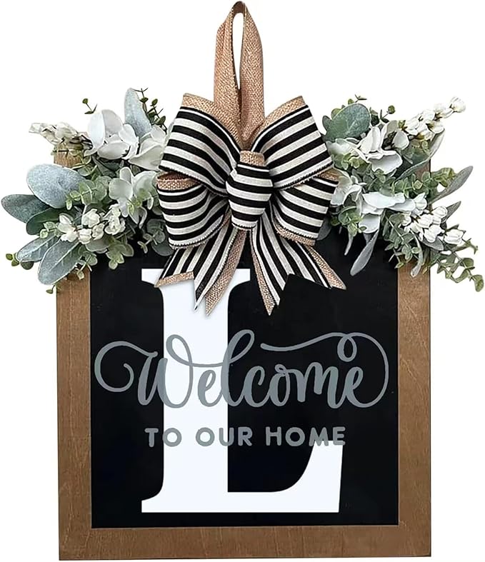 Last Name Year Round Front Door Wreath Front Porch Decoration 26 Letter Welcome Sign with Eucalyptus Garland and Bow Spring Wreaths for Front Door Outside Hanger Garland（L）