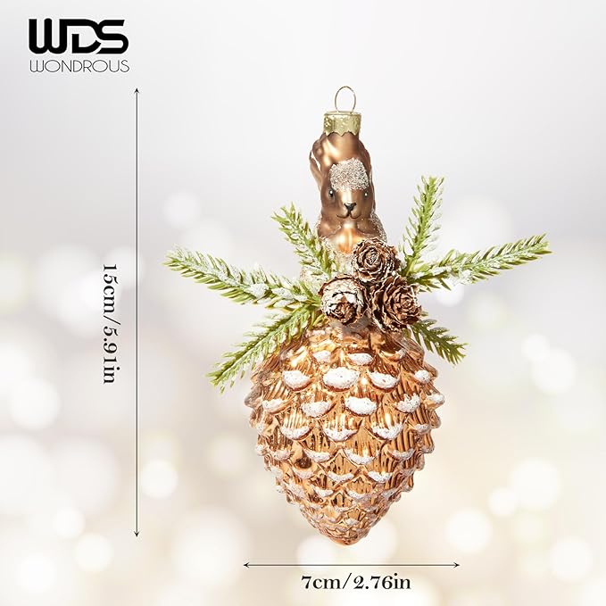 WDS WONDROUS Squirrel Pinecone Christmas Ornaments for Tree Decorations Whimsical Glass Animal Hanging Ornament, Festive Holiday Decor for Xmas Tree Home Party(2.76”)