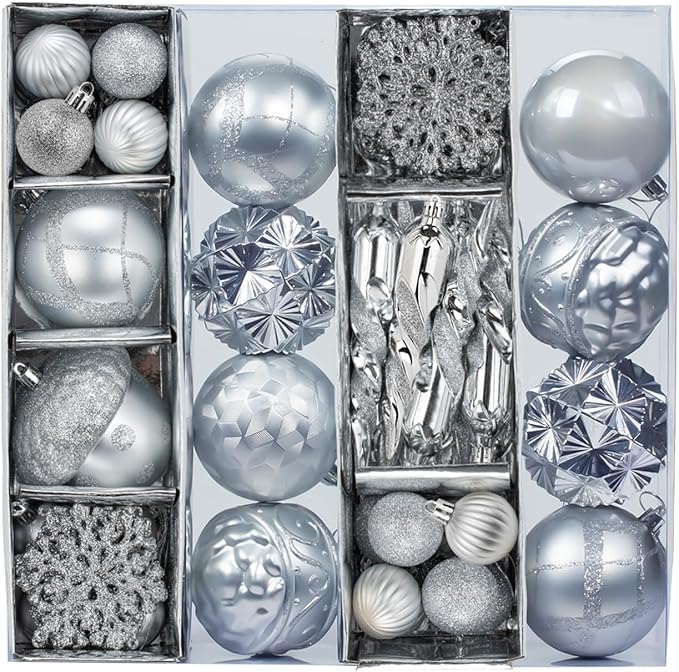 Fuovt 62pcs Silver Christmas Balls Ornaments Set - 3.15" Big Christmas Balls - Shatterproof Plastic Decorative Baubles for Xmas Tree Decor Holiday, Wedding, Party Decoration (Silver)