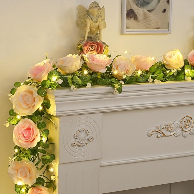 Dolicer 2Pcs 13Ft Artificial Eucalyptus Garlands with Flowers - 8 Roses, Faux Floral Greenery Garlands with 13Ft String Lights Fake Flower Vines for Wedding Table Centerpieces Arch Party Decor (Pink)