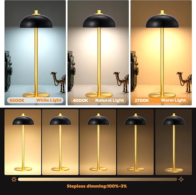 Rechargeable Cordless Table Lamp 2 Pack - 5000mAh Battery Powered Lamp, 3 Color Stepless Dimming LED Table Light with Memory Function, for outdoor, Dinner, Patio, Home, Restaurant.(Black and Gold)
