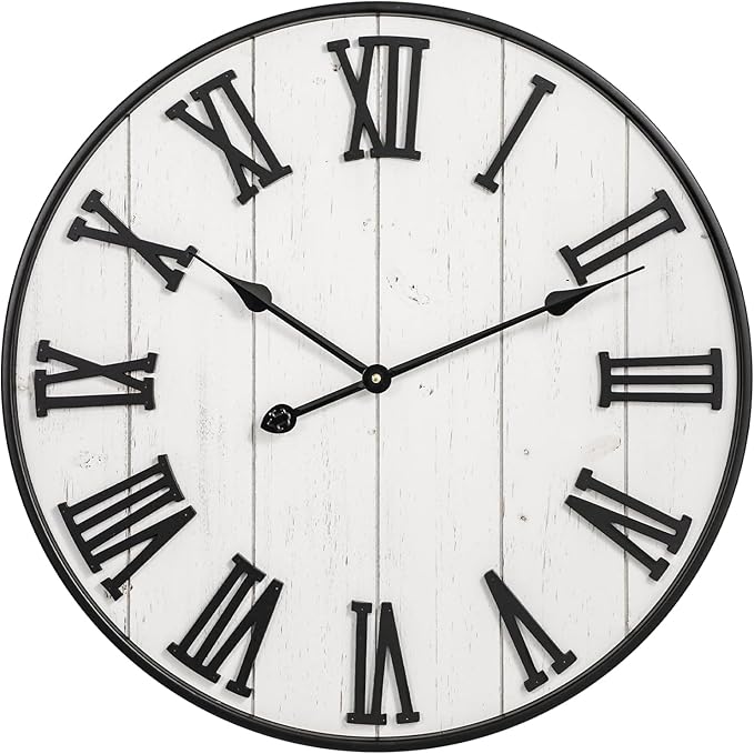 MODE HOME Large Rustic Wooden Wall Clock, 24 Inch Whitewashed Farmhouse Wall Clock with Carved Roman Numerals, Silent Battery Operated Round Vintage Clock for Living Room, Kitchen, Bedroom, Study Room