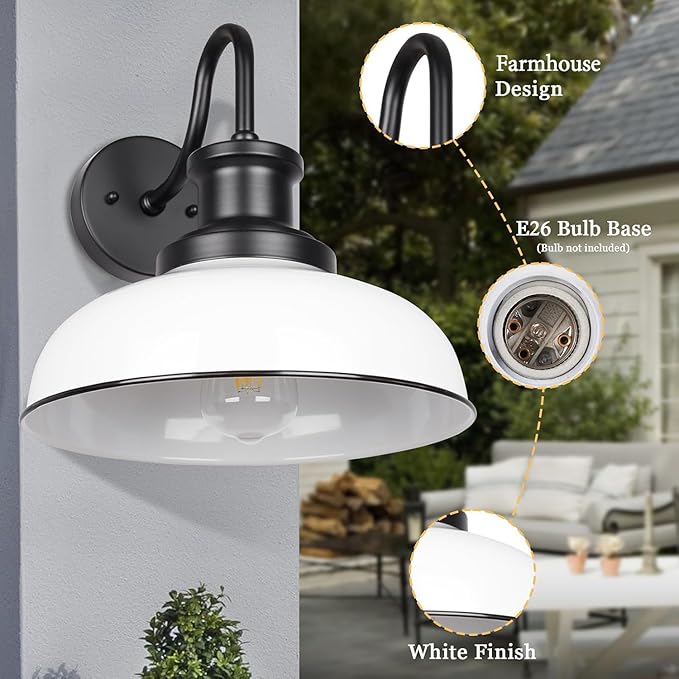 Outdoor Barn Light, Rustic Outdoor Wall Sconce, Farmhouse Exterior Wall Mount Light, Vintage Indoor Wall Lighting Fixture, Industrial White Lantern Lamp for Porch, Garage, Patio, RZ007 WH