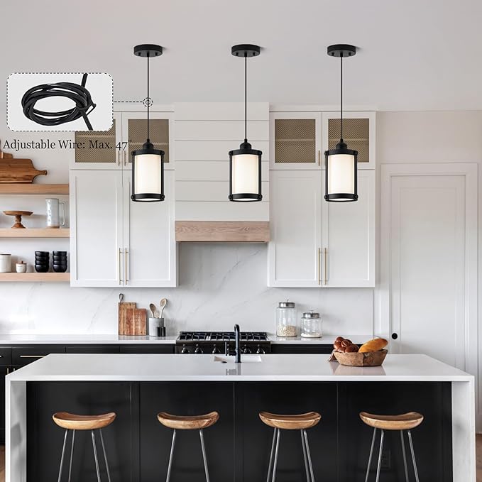 Black Pendant Lights Kitchen Island 3 Pack, Modern Kitchen Pendant Lighting Over Island with Milk Glass, Farmhouse Mini Hanging Light for Sink Dining Room, OS-3014-3PBK