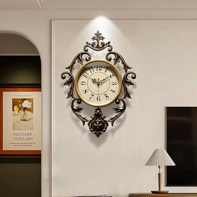 Vintage Wall Clock, Antique Decor, Battery Operated,Non Ticking European Style Metal Wall Clock, Decorative Retro,Bedroom/Living Room/Kitchen 26" x 19"