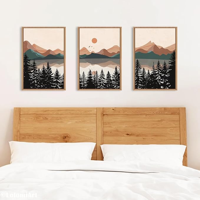 KAIRNE Boho Mountain Wall Art Set of 3-24x36 Inch Framed Canvas Prints, Mountain Lake Sunrise Landscape with Pine Trees, Mid Century Modern Nature Decor for Living Room, Bedroom, Home Office