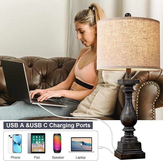 BOBOMOMO Retro 27" USB Charging Ports A/C Farmhouse Single Lamps for Bedrooms Retro Side Table Lamps Bedside Lamp for Side Nightstand Living Room 1 Pack