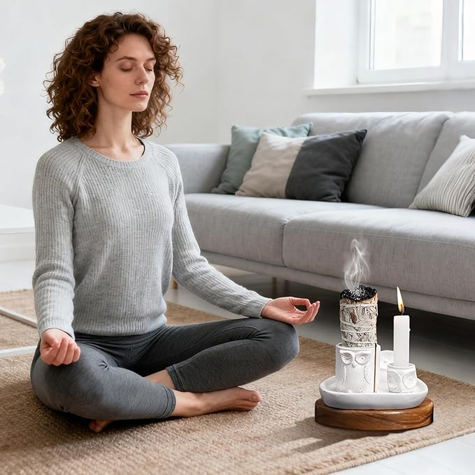 Comeon Palo Santo Holder, 4 in 1 Ceramic Owl Backflow Incense Burner Holder Candle Holder Sage Holder for Burning Bowl, Incense Holder for Sticks for Meditation Yoga Room(White)